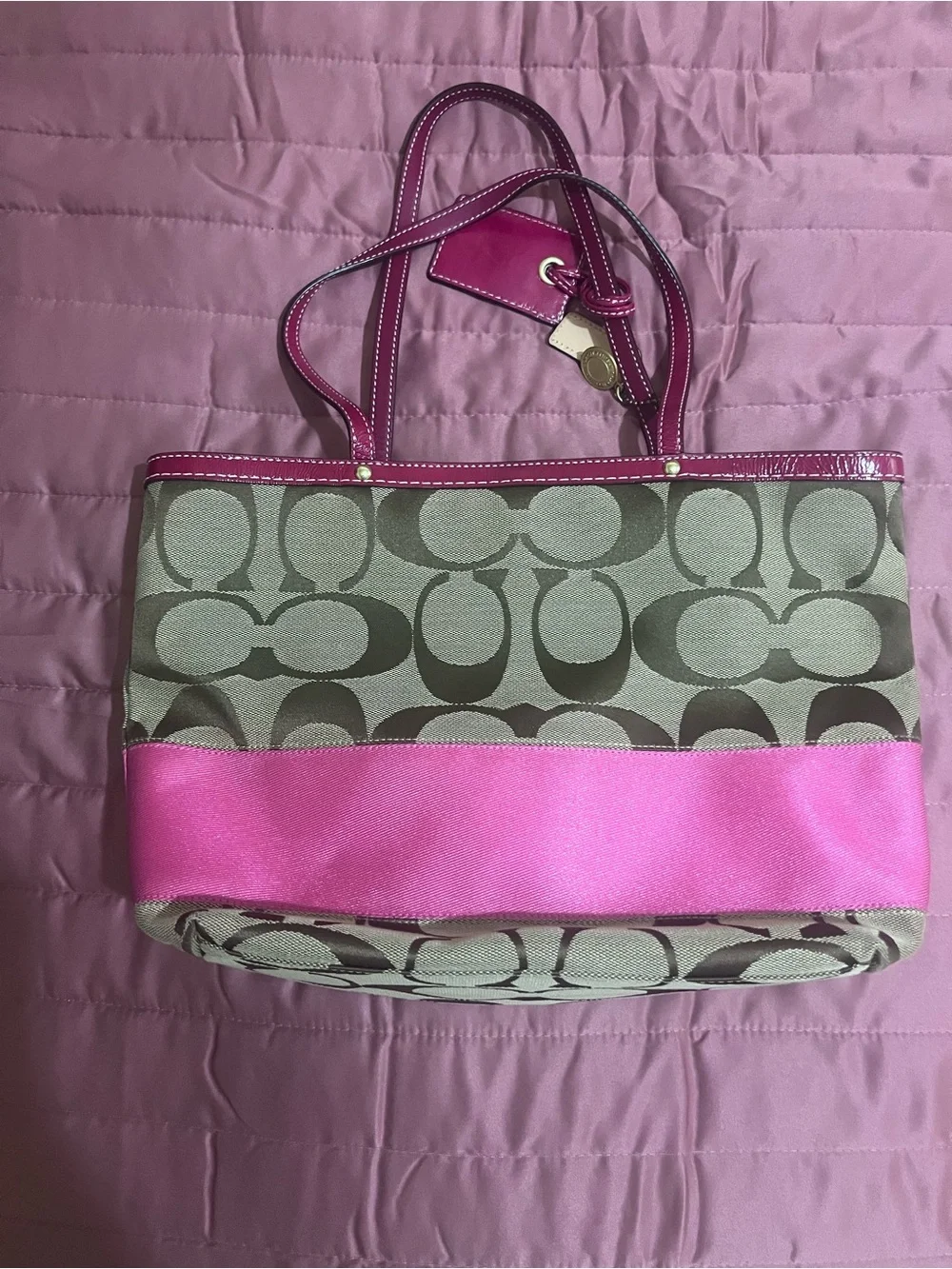 COACH Khaki & Pink Signature Stripe Tote